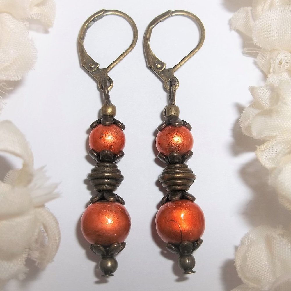 Orange Earring, Boho Earring, Earring, Orange & Bronze Earring, Pearls, NWT 7532